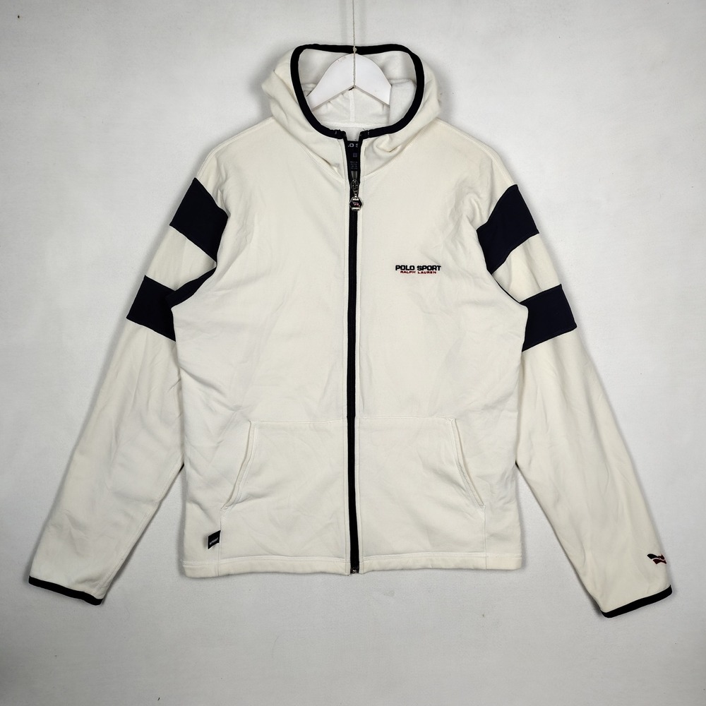 Polo Sport Ralph Lauren Full Zip Hooded Jacket Cream Black Stripe Vintage Large